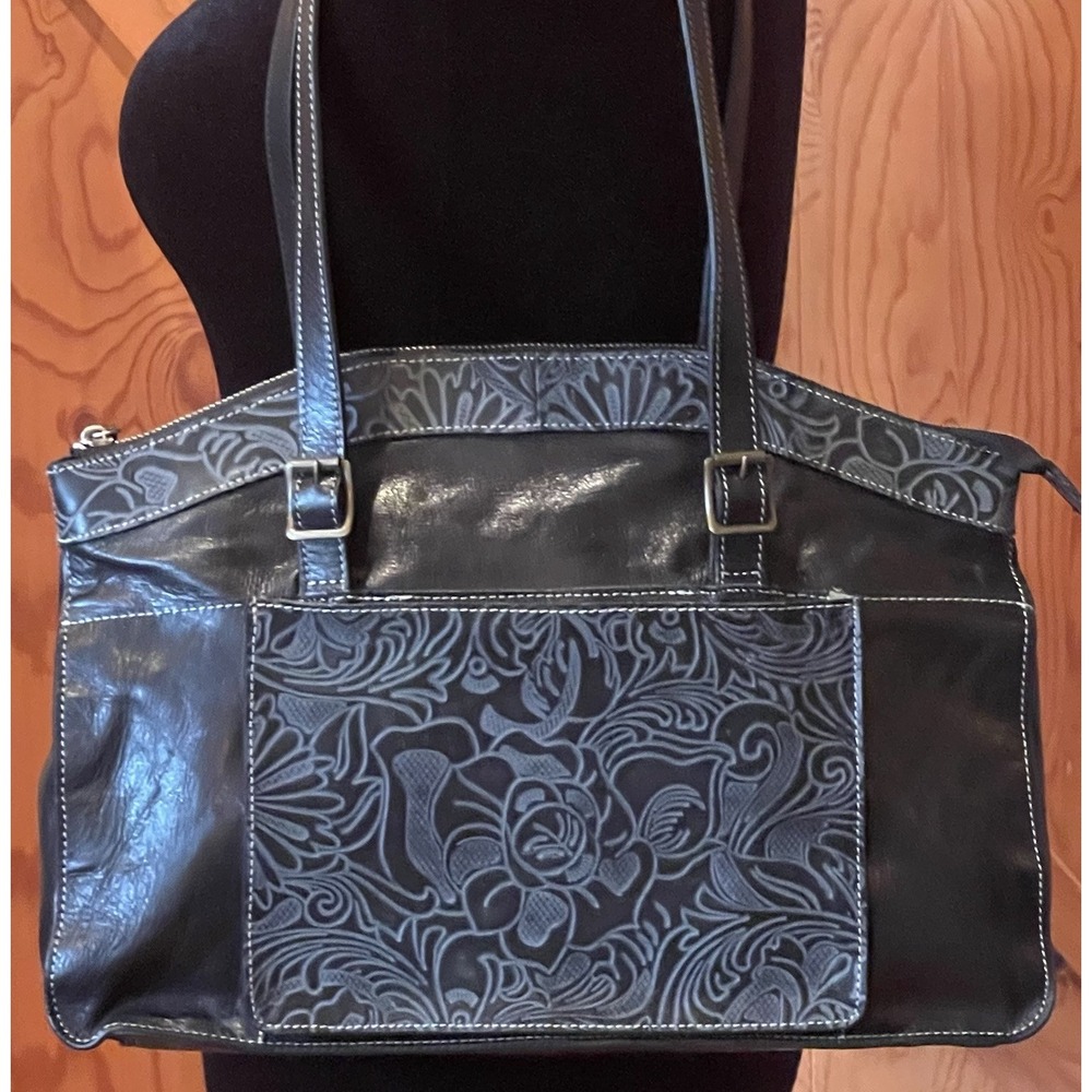 Firenze Bella Black Genuine Leather Satchel Shoulder Bag Buckles